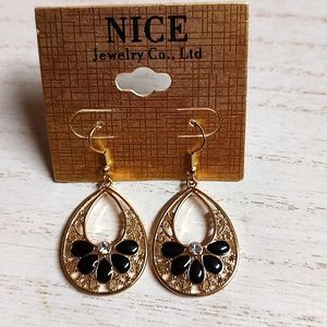 😻 3 For $15 Gold Filigree Waterdrop Black Enamel & Clear Bling Dangle Earrings
